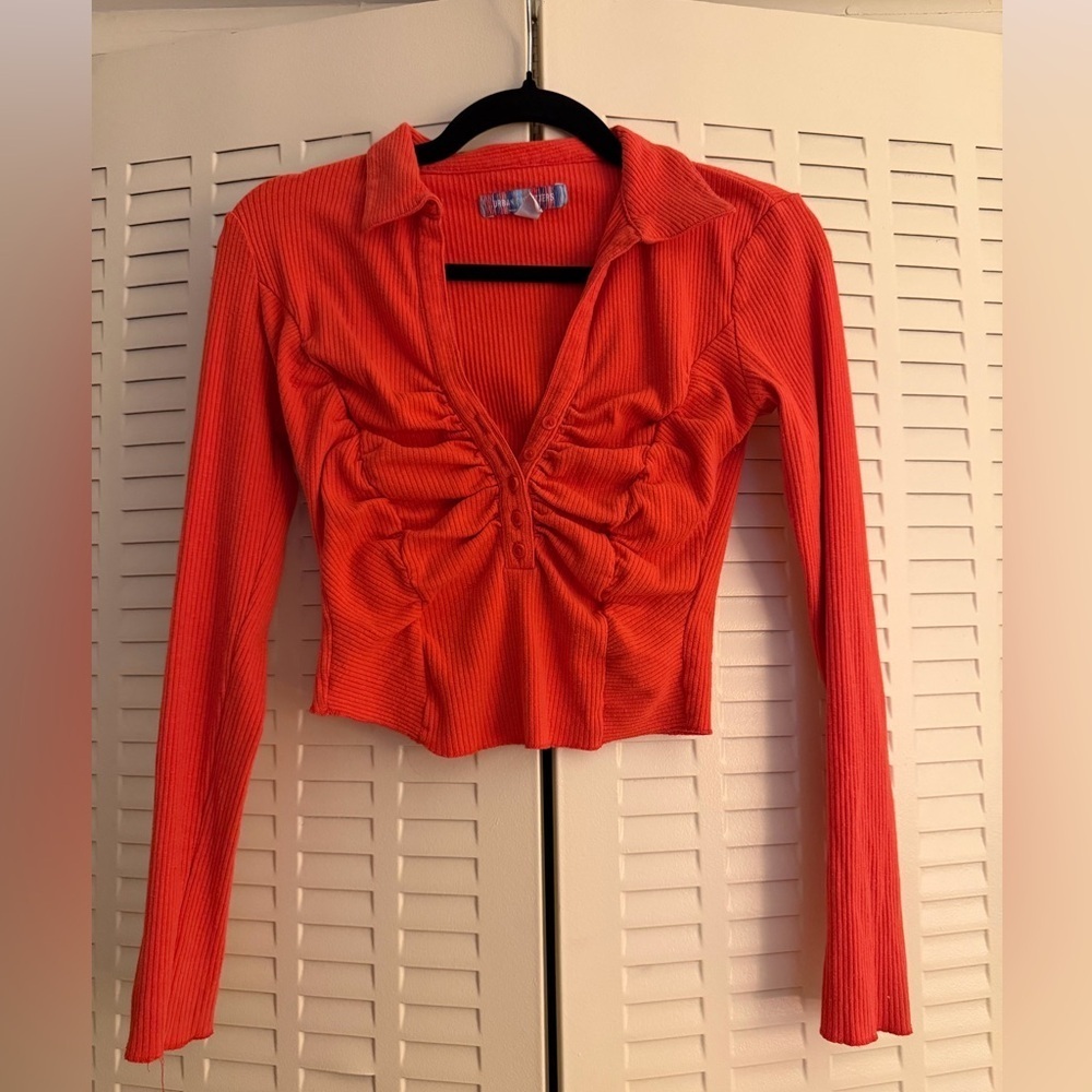 Urban Outfitters Ruched Ribbed Collared Top – Bright Orange – S